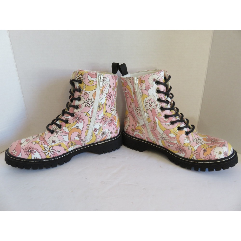 Unionbay Ginny Pink Retro Floral Combat Boots Womens 8M Psychedelic Lug Sole Zip - Picture 5 of 8